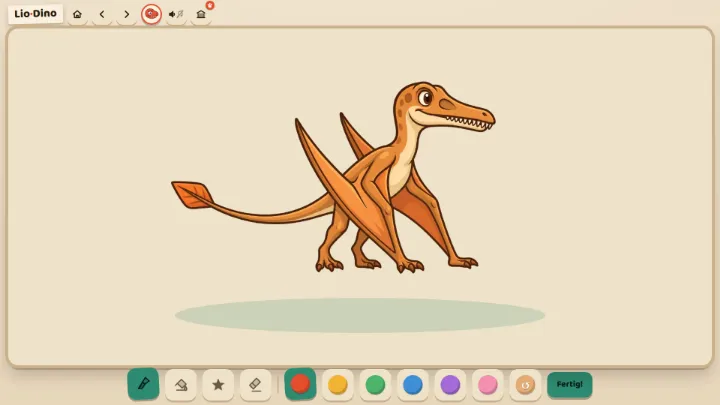 A dinosaur as a colouring picture with paint pots below